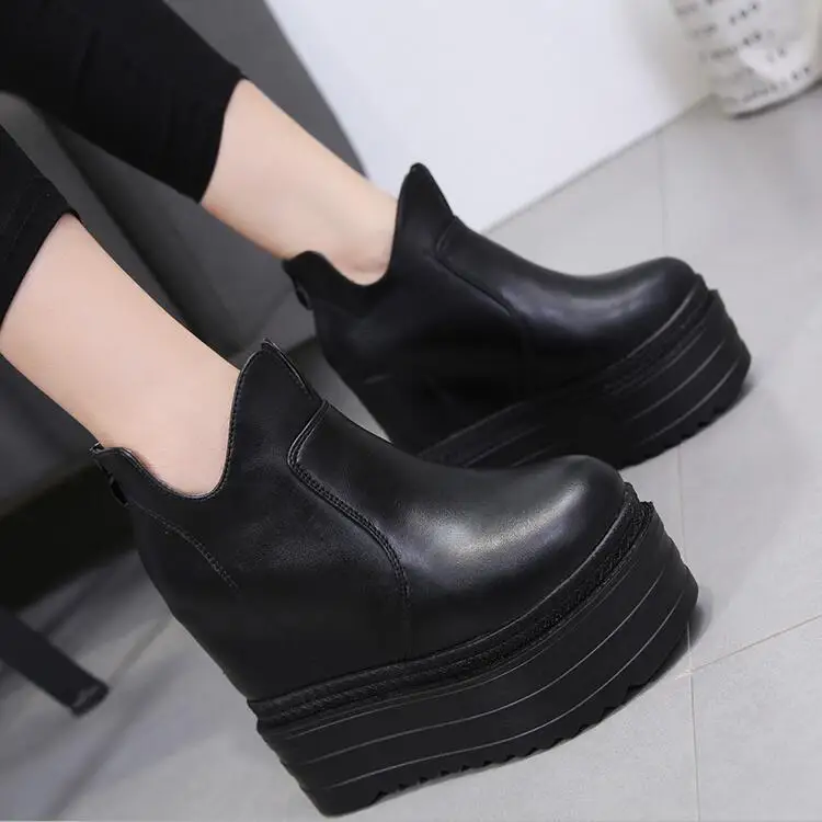 

New Autumn Winter Thick Soled Short Boots Women Platform Wedges High Heels Female Ankle Boots Increasing Soft Leather Zipper