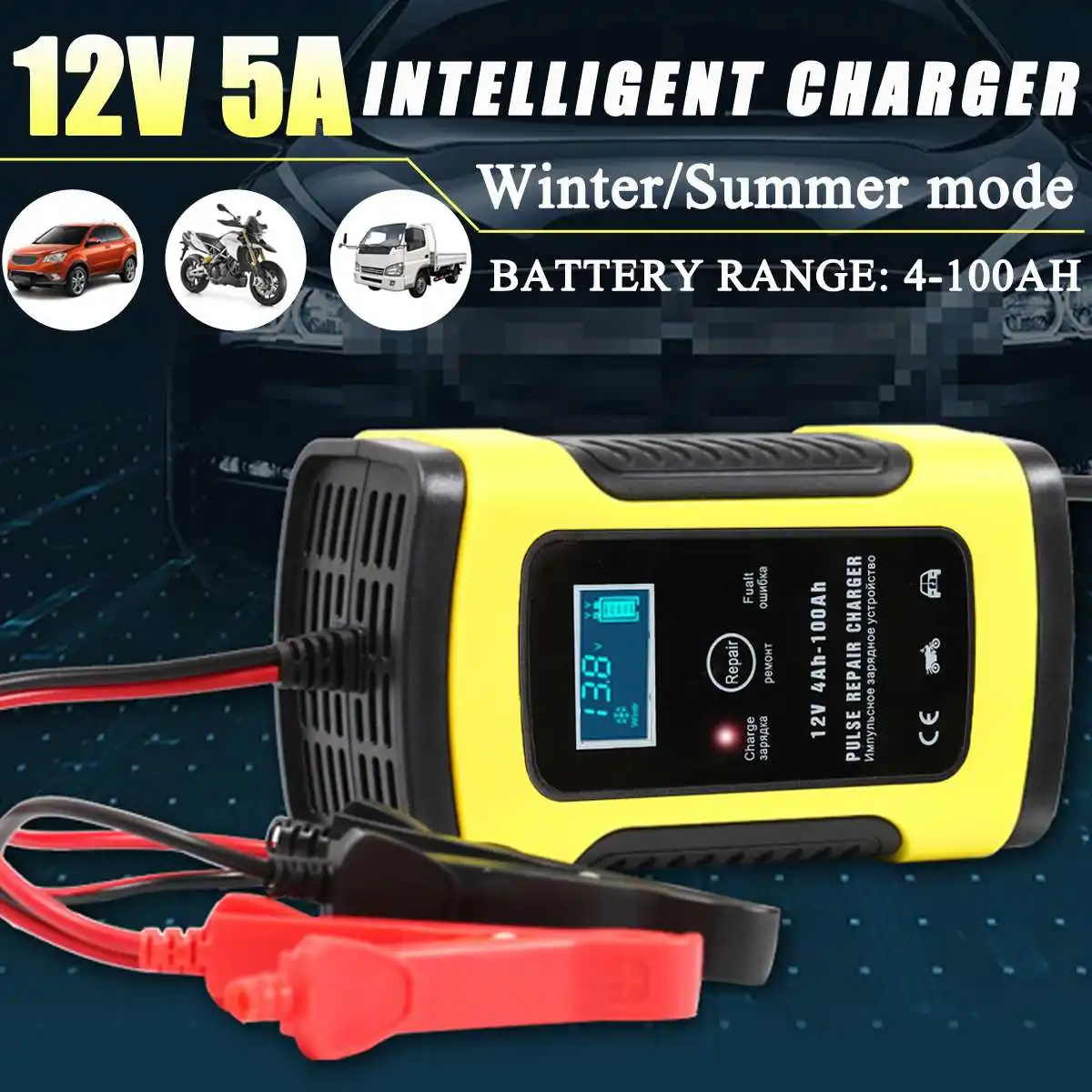 

For Truck Car Motorcycle 12V 6A Automatic Intelligent Pulse Repair With LCD Lead AGM GEL WET Lead Acid Battery Charger 100-240V