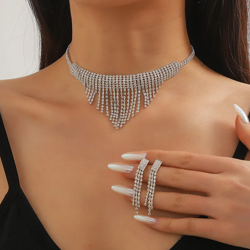 

FYUAN Long Tassel Geometric Rhinestone Necklace Earrings For Women Ladies Wedding Bride Jewelry Sets Accessories