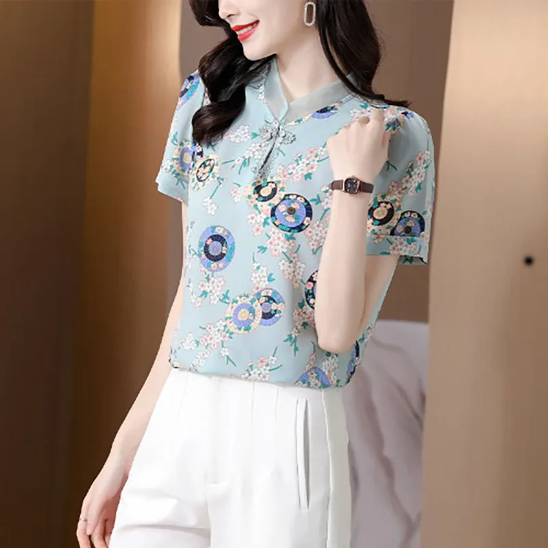 Vintage Printed Spliced Gauze Beading Chiffon Blouse Women's Clothing 2023 Spring New Casual Pullovers Loose Office Lady Shirt