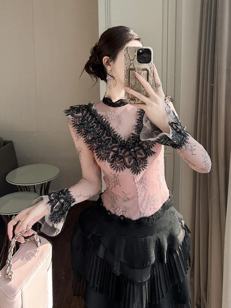 Сексуальная кружевная рубашка весна 2024 3D Gouhua микропрозрачная облегающая для