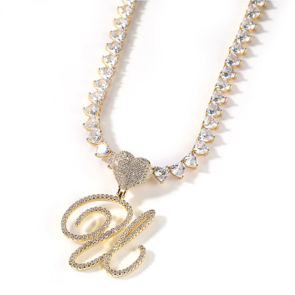 

Cursive Letters with Heart Tennis Chain Iced Out Brush Intial Name Necklace Jewelry Charm Hip Hop Drop Shipping