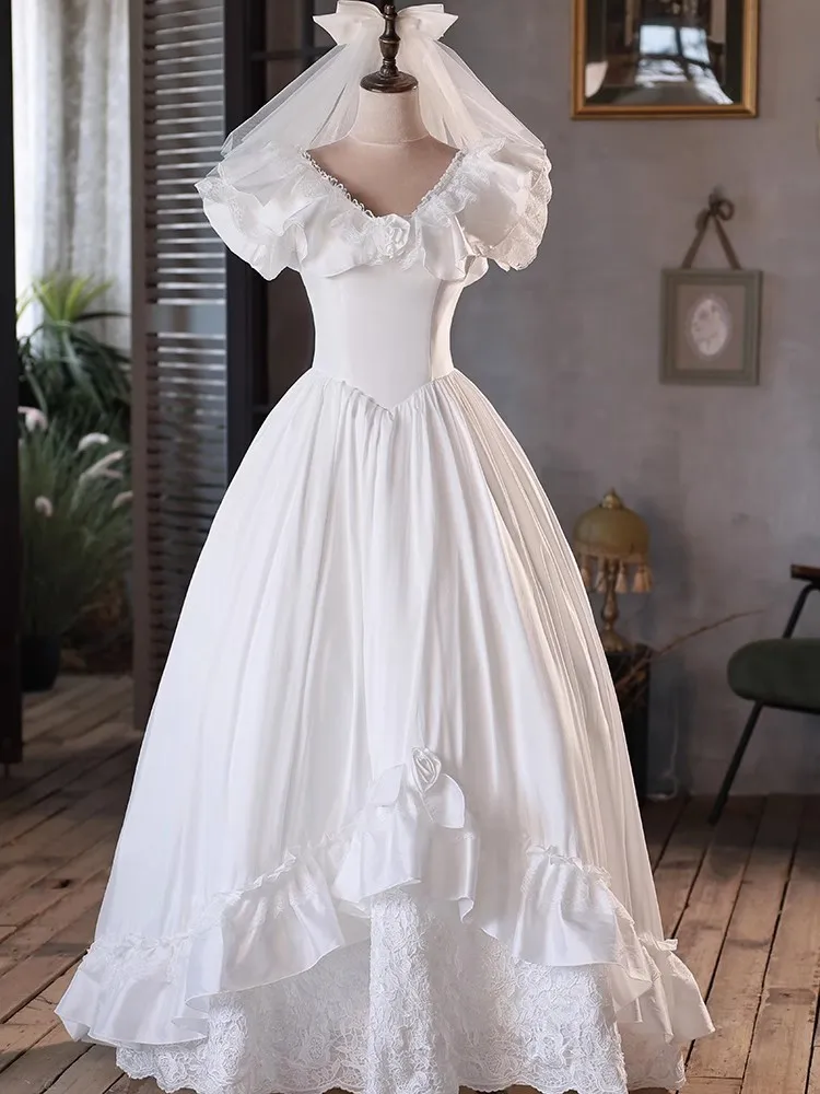 

Ashely Alsa Luxury White Princess Wedding Dreses Short Sleeve Ball Skirt Long Bridal Gown Girls Prom Party Dresses Vestido Robes
