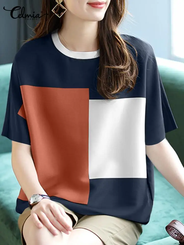 

Женские летние футболки Celmia 2022, модные лоскутные Футболки с круглым вырезом и коротким рукавом, повседневные свободные футболки с цветными ...