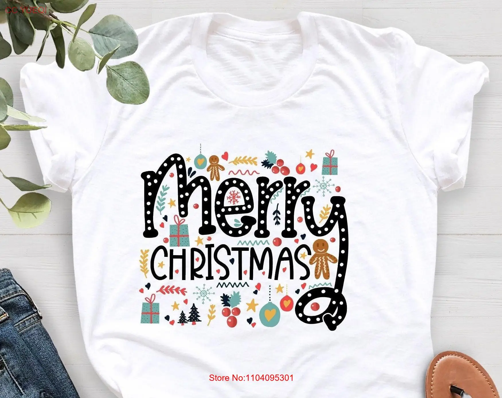 Merry Christmas T Shirt Doodles Gingerbread Cute Xmas Funny long or short sleeves