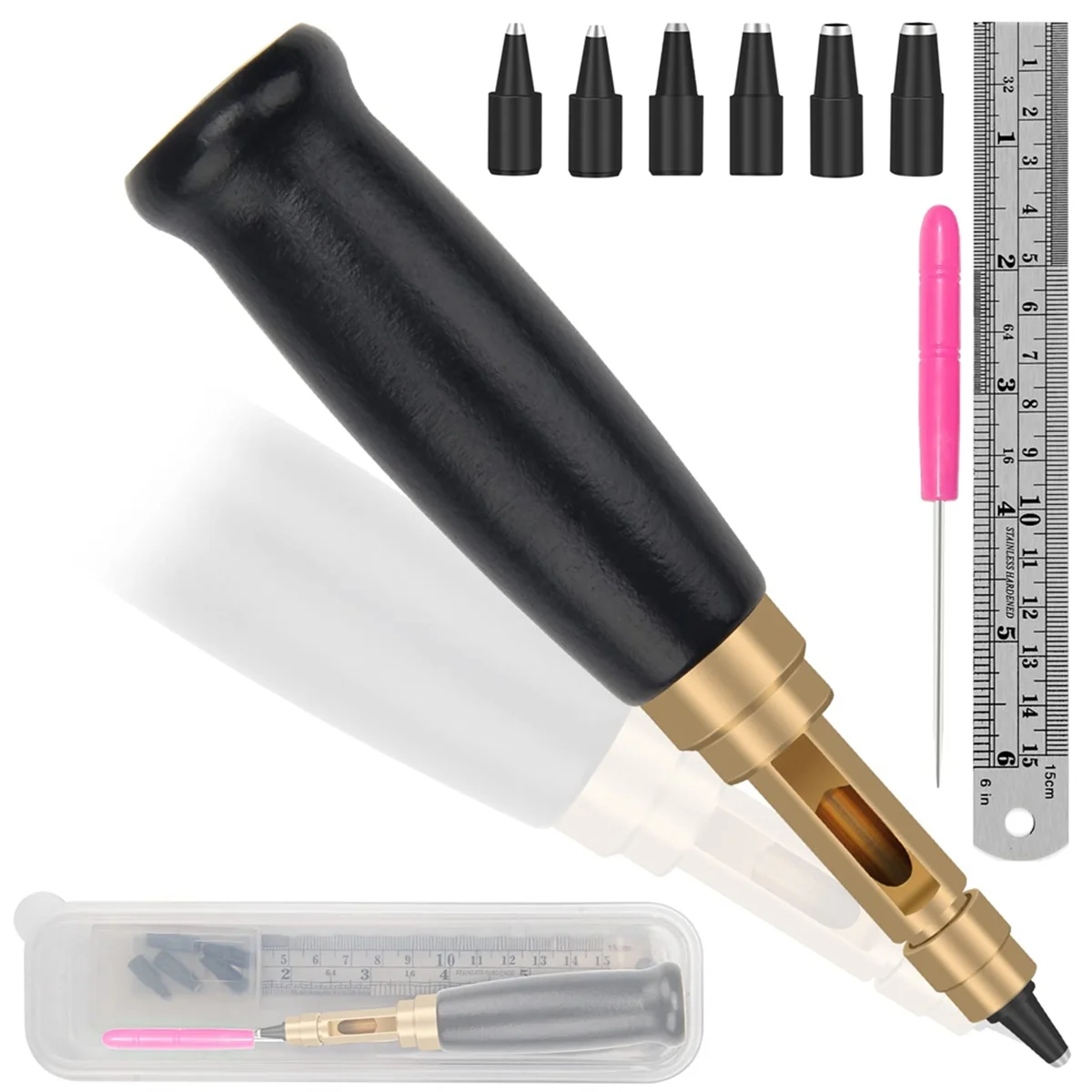 

Adjustable Screw Punch, 6 Tip Sizes Belt Hole Puncher, Wood Handle Leather Hole Punch Tool for Sewing Leather Black