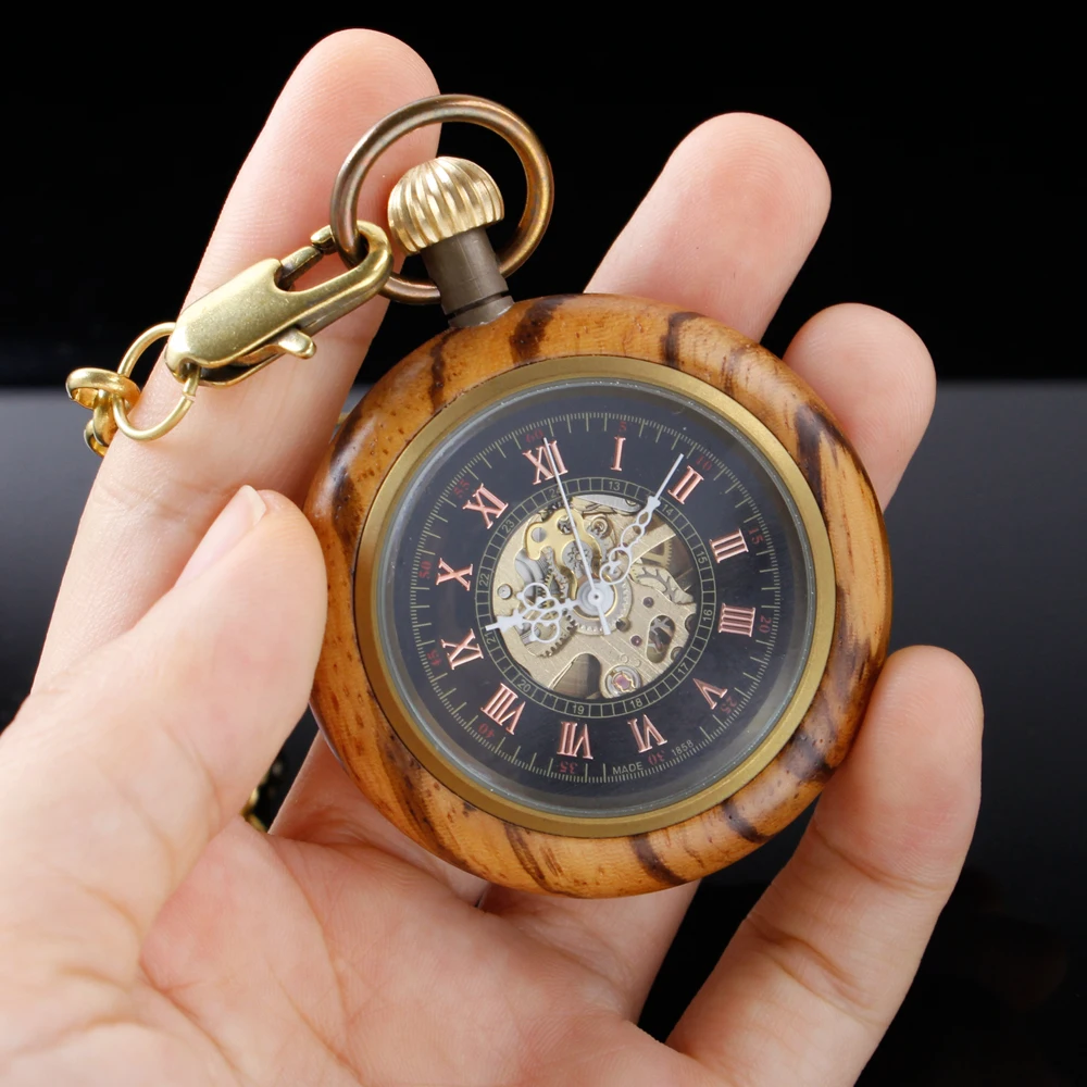 New Wooden Sculpture Roman Digital Mechanical Pocket Watch Vintage Hollow-Out Case Analog Skeleton Men's Mechanical Pocket Watch