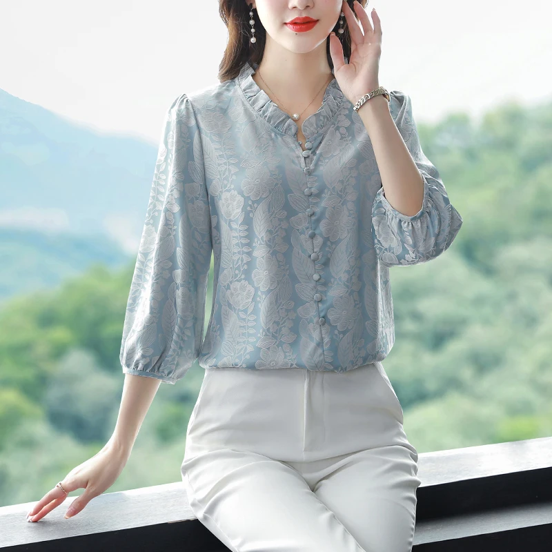 

Summer New Imitation Silk Vintage Elegant Women's Half Sleeve Chiffon Loose Printed Blouse Fashion Women Single-breasted T493