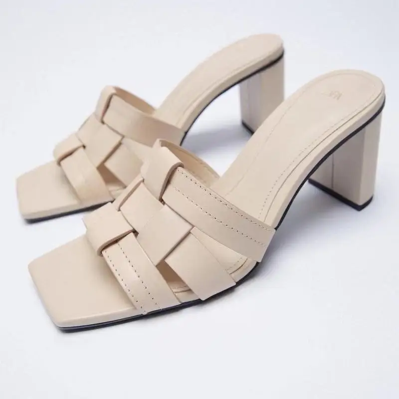 

ZRACK 2022 Summer Pink Fashion Square Toe Leather High Heels Sexy Outer Wear Stiletto Muller Sandals And Slippers Women Luxury