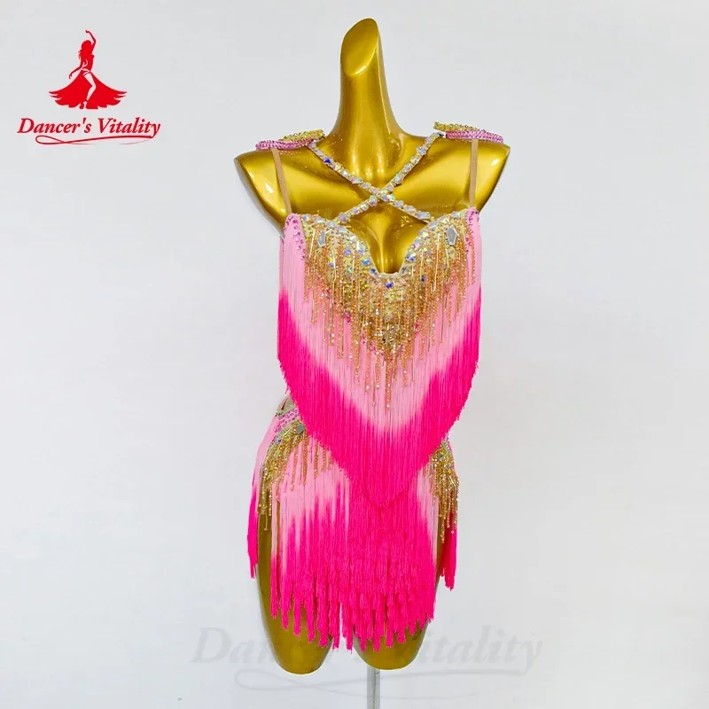 Платье с бахромой для латинских танцев женская одежда выступлений камнями AB