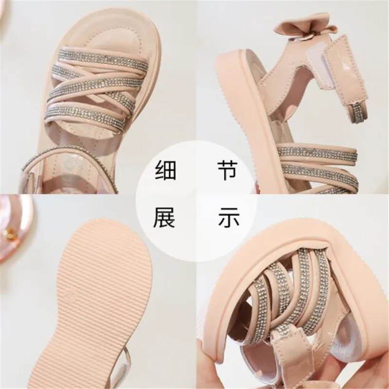 2022 Summer New Kids Sandals Girls Princess Rhinestone bowtie Sandals Soft Children Beach Shoes Fashion Roman Sandals Size 26-36