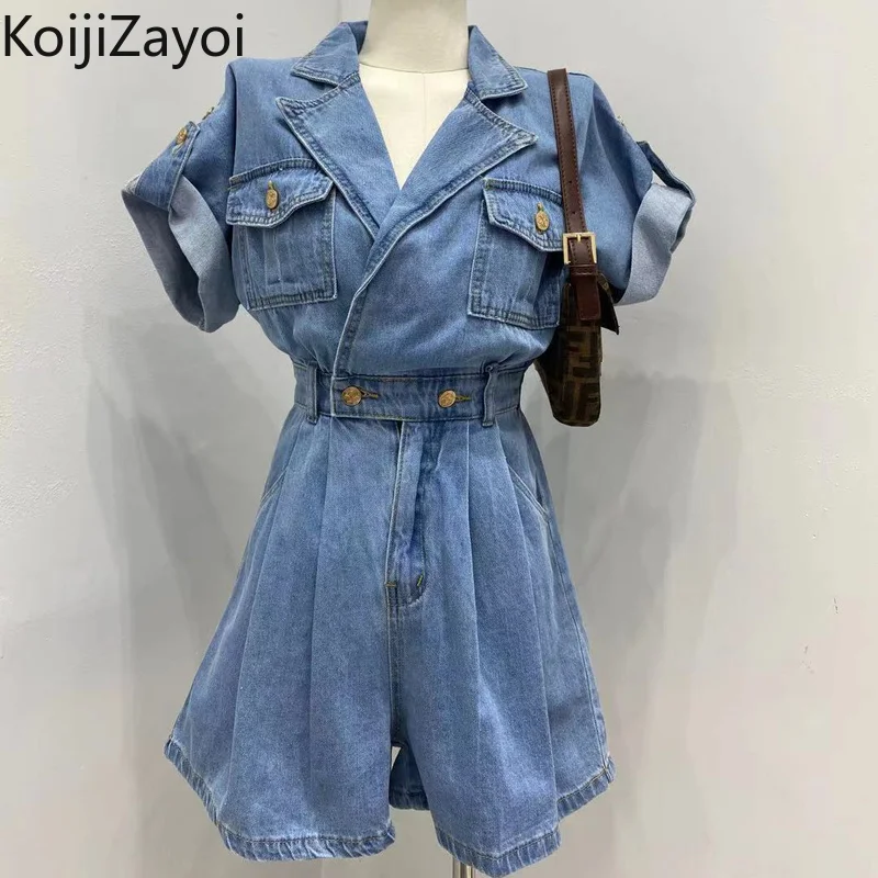 

Koijizayoi Vintage Women Jeans Bodysuit Short Sleeves Peter Pan Collar Playsuit Chic Korean 2022 All Match Slim Denim Jumpsuit