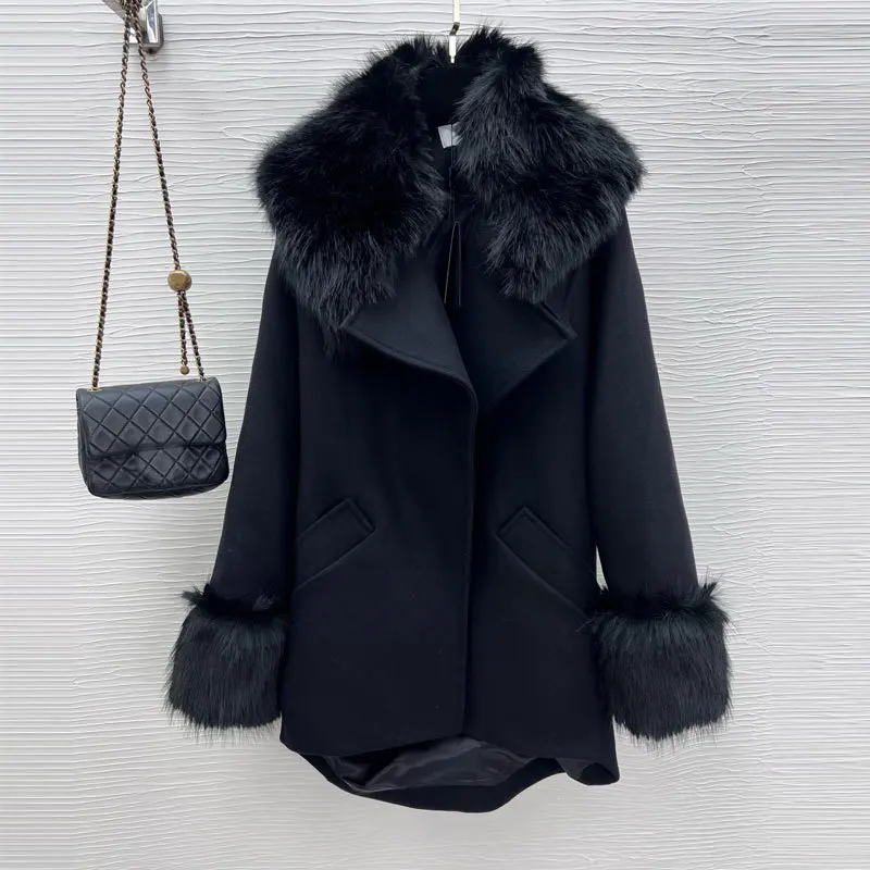 

22New Fashion Wool Black Overcoat Causal Chic Single Button Fur Collar Jacket Temperament Women Long Sleeve High Quality Clothes