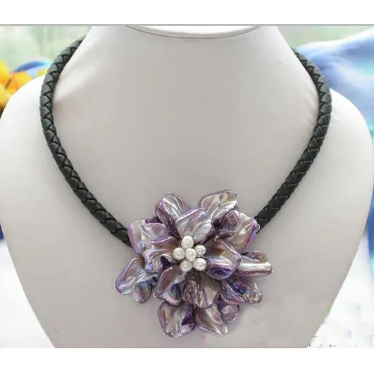 

Favorite Pearl Jewelry,18'' Black Leather Lavender Shell Basketry Flower Necklace,Charming Wedding Birthday Chirstmas Lady Gift