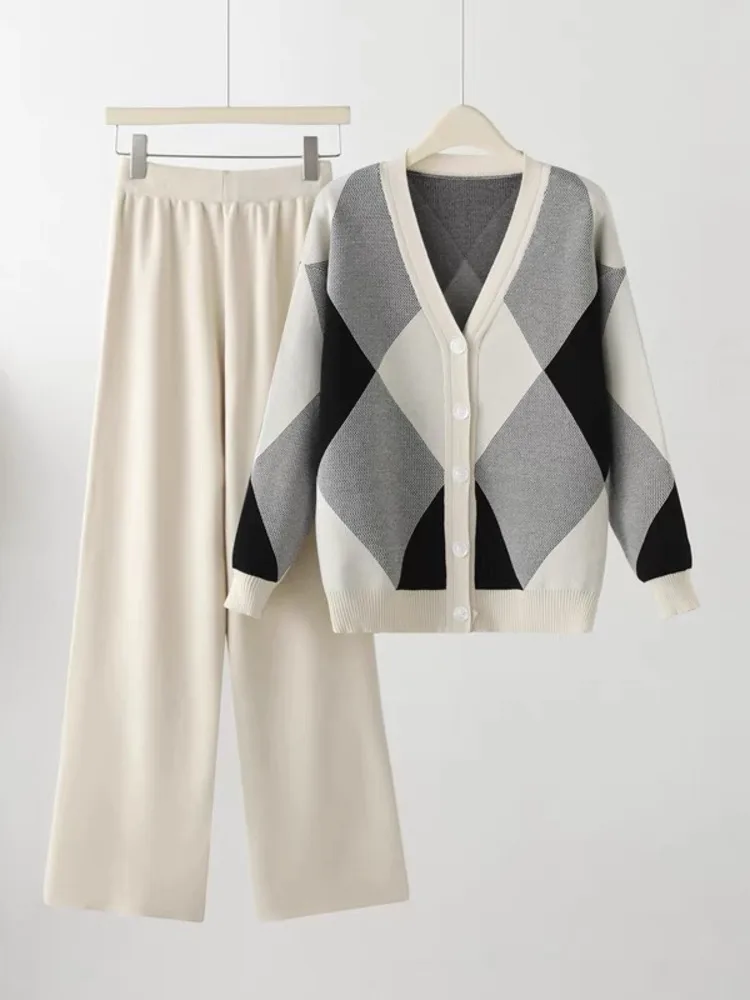 Женский трикотажный костюм с ромбовидной решеткой свитер длинным рукавом и