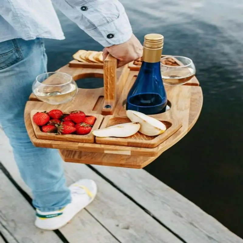 

1PC Outdoor Portable Family Parent-Child Picnic Table Wooden Wine Glass & fruit Tray Foldable Desk Collapsible Table Snack Tray