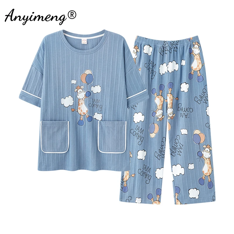 Pijamas Capris para mujer, pantalones cortos de verano Kawaii con estampado de Luna, jirafa y nubes, ropa de dormir de algodón para el hogar