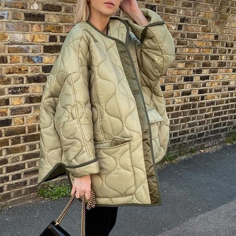 2022 Women Army Green Winter Quilted Parkas Female Casual Long Sleeve Pocket Single Breasted Curved Hem Jacket Coat