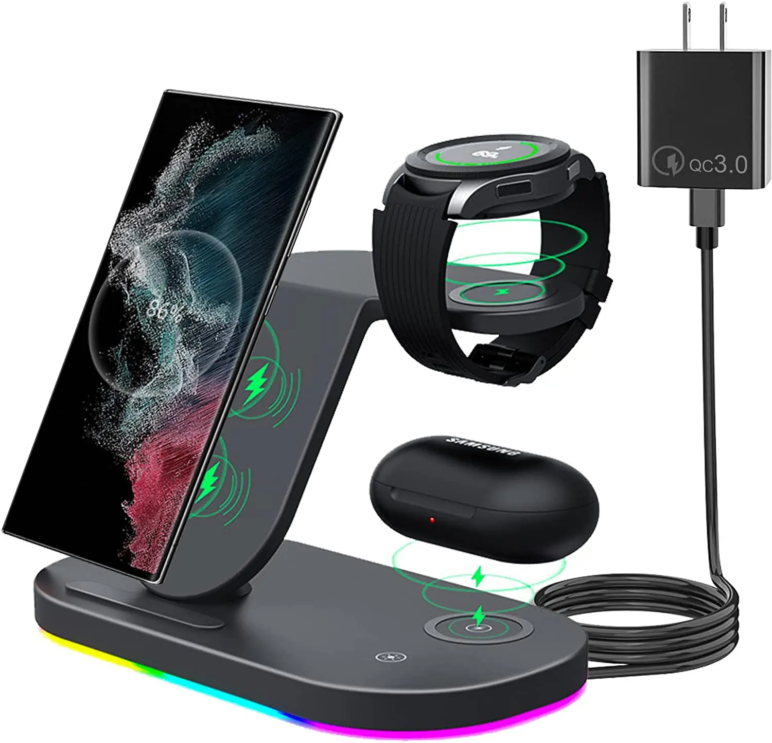 

3 в 1 беспроводная зарядная подставка для IPhone 14/13 Serise Samsung S22/S23 Быстрая зарядка для Galaxy Watch 5Pro 4 iWatch 8Ultra 7 6 5