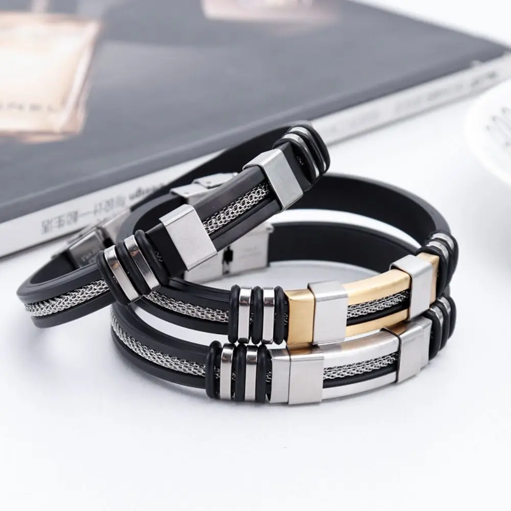 

2023 Fashion Charm Jewelry Stainless Steel Silicone Bracelet Vintage Titanium Steel Bracelets Bangles Cuff Bracelet Pulseira