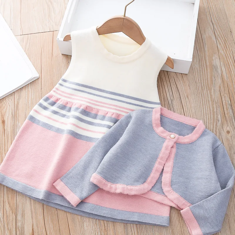 

Fall Winter Girls Knit Sweater Set Sleeveless Dress & Knit Cardigan Toddler Party School Clothing Toddler Girl Outfits 2pcs