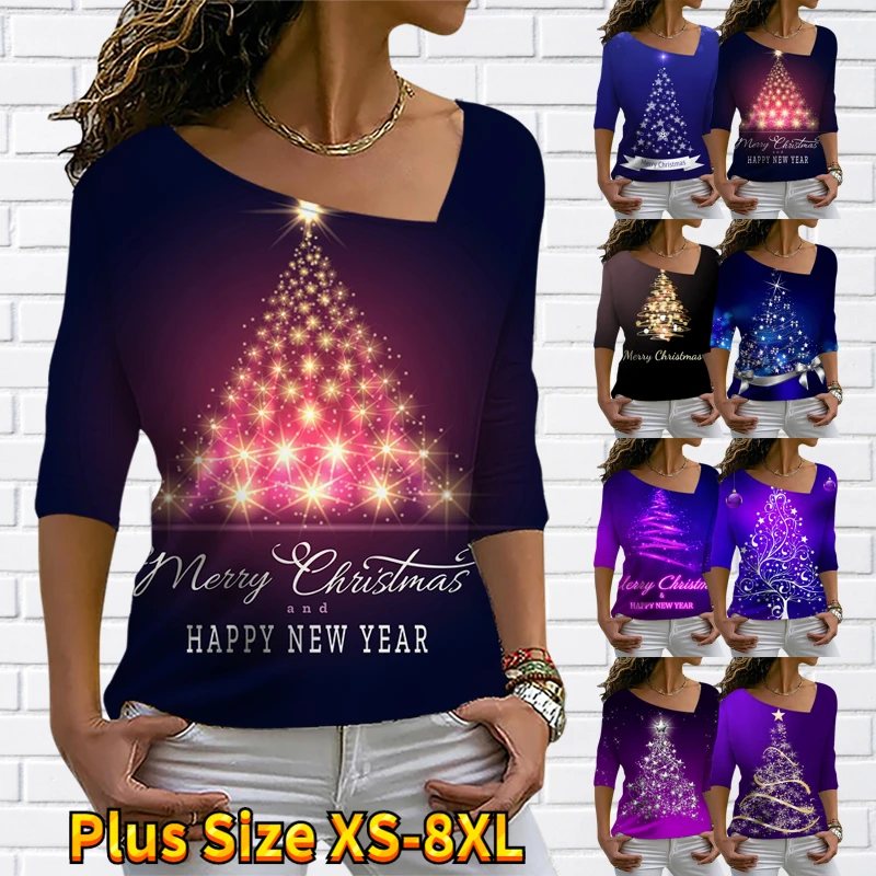 

Women's T Shirt Tee Christmas Tree Sparkly Painting 3/4 Length Sleeve V Neck Daily Sports Hot Stamping Active Streetwear XS-8XL