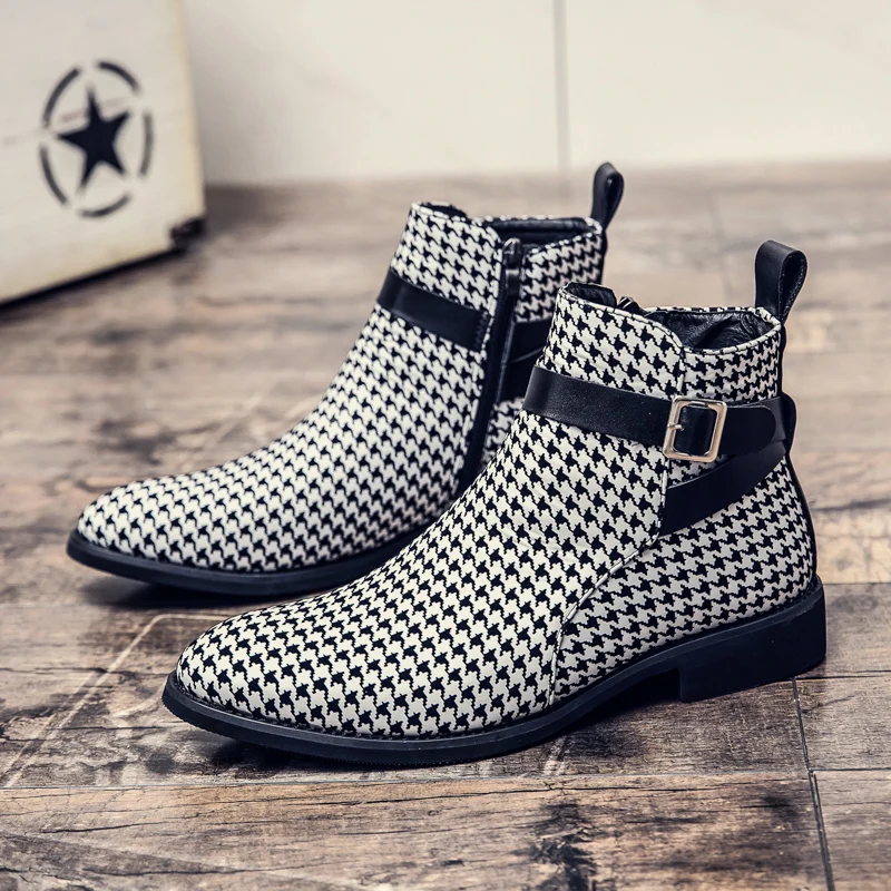 

Fashion Men Shoes Ankle Boots Houndstooth Casual Shoes Good Quqlity Motorcycle Boots Plus Size 38-48 Male Chelsea Boots