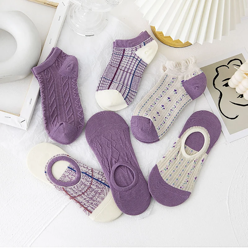 

5 Pairs Lolita Girl Women's Socks Set Cotton Violet Series Sweet High Quality Harajuku Kawaii Cute Pretty Gift Ruffles Socks