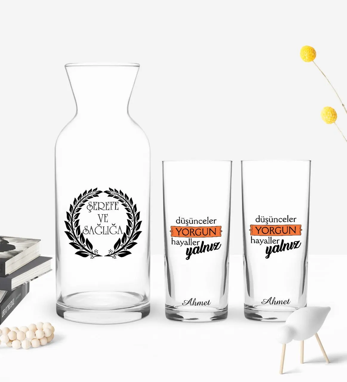 

Персонализированный красочный печатный Düşünceler, уставший дизайн, двойная чашка и графин, подарок Seti-1