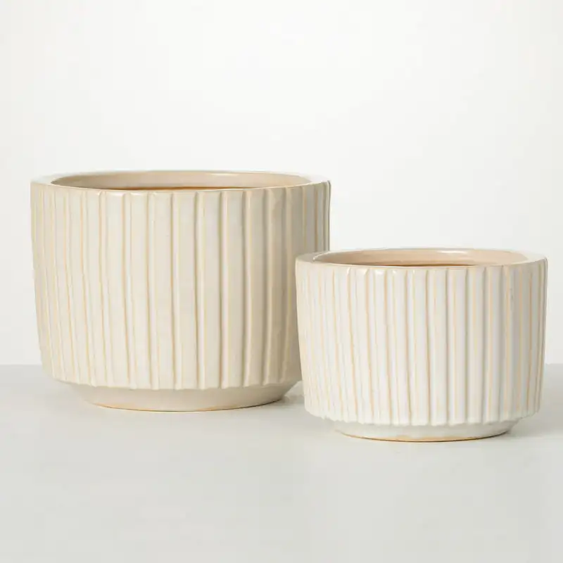 

Striped Cream Ceramic Planters Set of 2, Cream