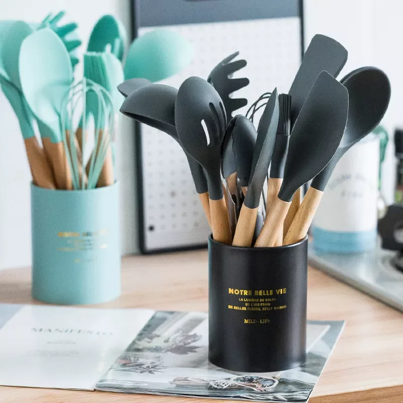 

10/11/12/Set Silicone Kitchen Utensil Cooking Non-stick Spatula Shovel Tong Soup Ladle Wooden Handle Stainless Steel Storage Box