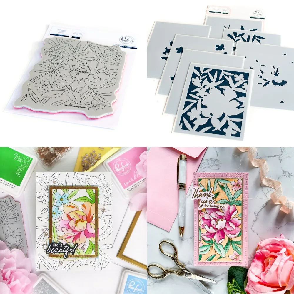 

Blooming Peony Layering Stencils Clear Stamps DIY Scrapbooking Paper Craft Handmade Make Album Card Punch Embossing Template