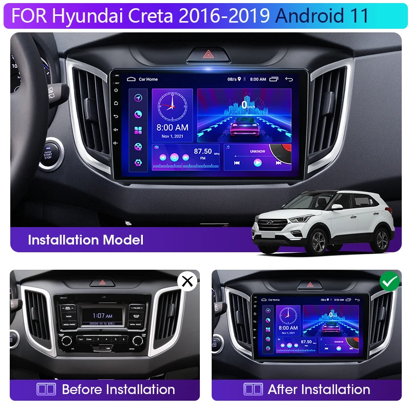 Android 11 2-дин автомобильный радио для Hyundai Creta ix25 2016-2019 GPS-навигация Мультимедиа Видеоплеер Авто DVD Стерео Разделенный экран включен.
