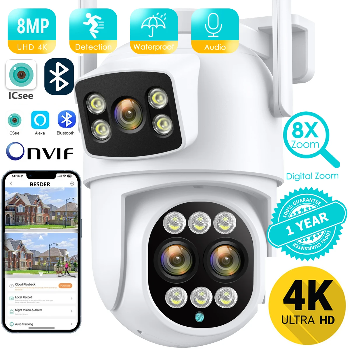 

8MP Three Lens WIFI IP Camera 4K HD Dual Screen PTZ Camera Auto Tracking Security CCTV Camera 4MP P2P Video Surveillance iCSee