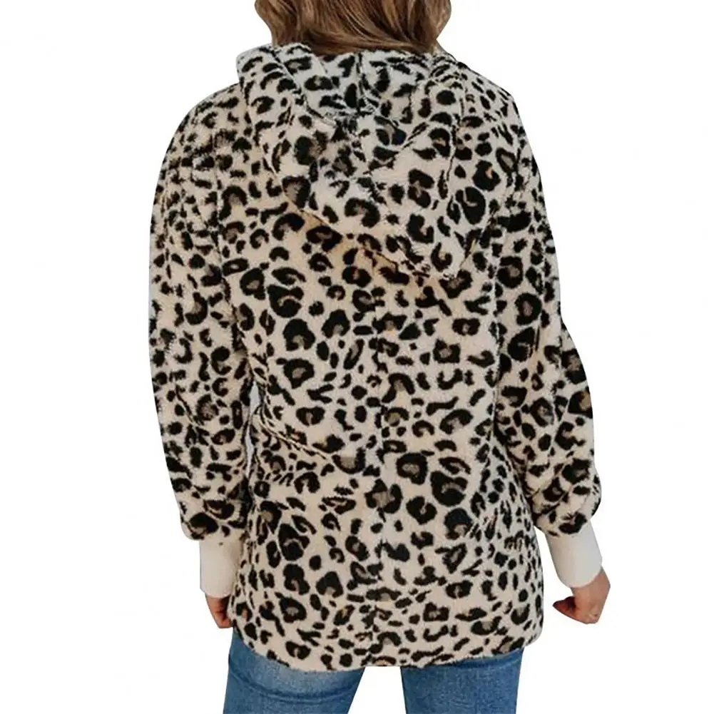 

Stylish Women Coat Long Sleeve Shrinkable Cuffs Plush Jacket Women Winter Leopard Print Fluffy Cardigan Streetwear