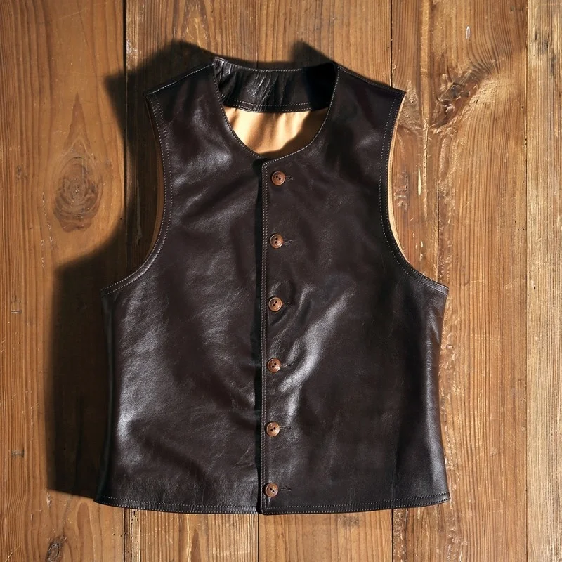 

High quality of the royal leather of men vintage Japanese vests unique breasted thin vest fitting the neck without sleeves men's