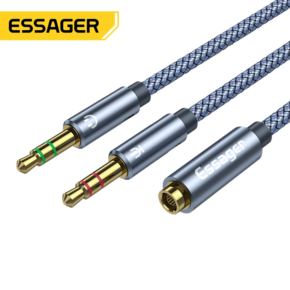 Essager Headphone Splitter Earphone Adapter Audio 3.5mm Female to 2 Male Jack Mic Y Splitter Aux Cable for PC Adapter Aux Cable