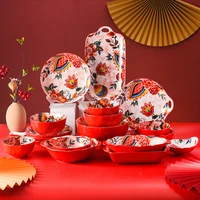 red tableware creative ceramic dinner plates rice bowl household wedding celebration dishes and plates chinese new year plates