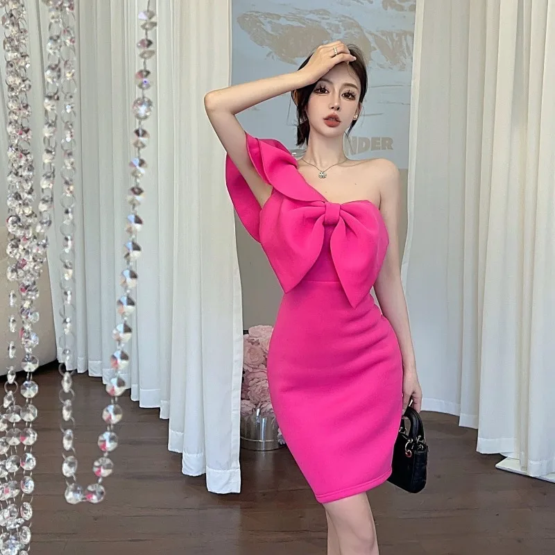 

Party Mini Dress Ruffles One Shoulder Big Bowtie Patchwork Sexy Bodycon Women Vestido Celebrate Event Occasion Dinner Night Out