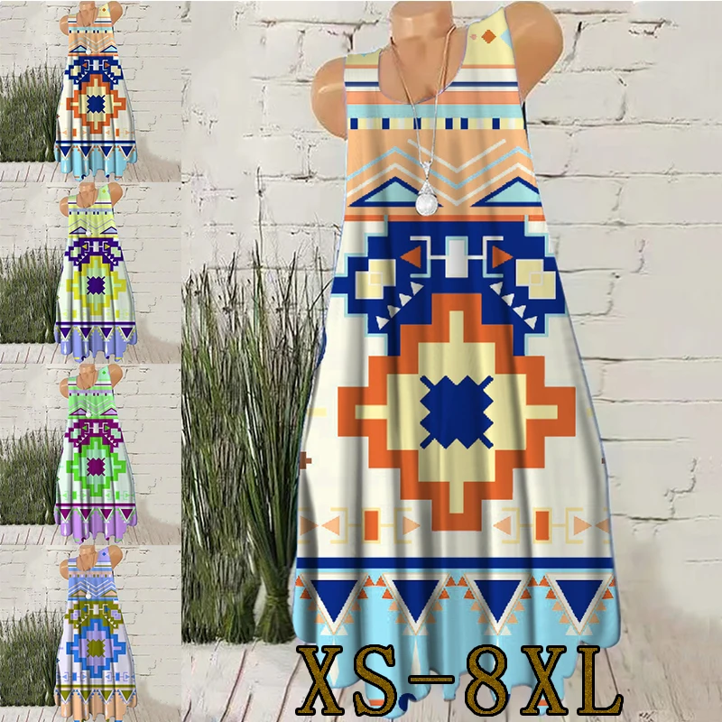 

2022 Spring and Summer Women's New Trend Loose Fashion Irregular Striped Plaid Pattern Printing Sleeveless Dress XS-8XL