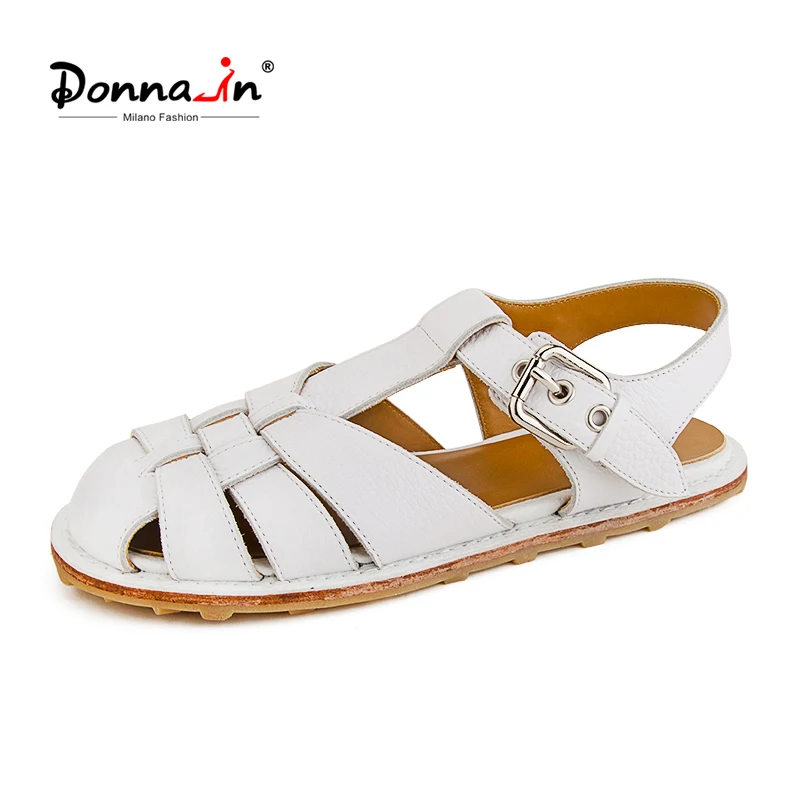 

Donna-in 2022 New Summer White Soft Calfskin Real Leather Gladiator Sandals For Women Designer Flat Casual Female Shoes