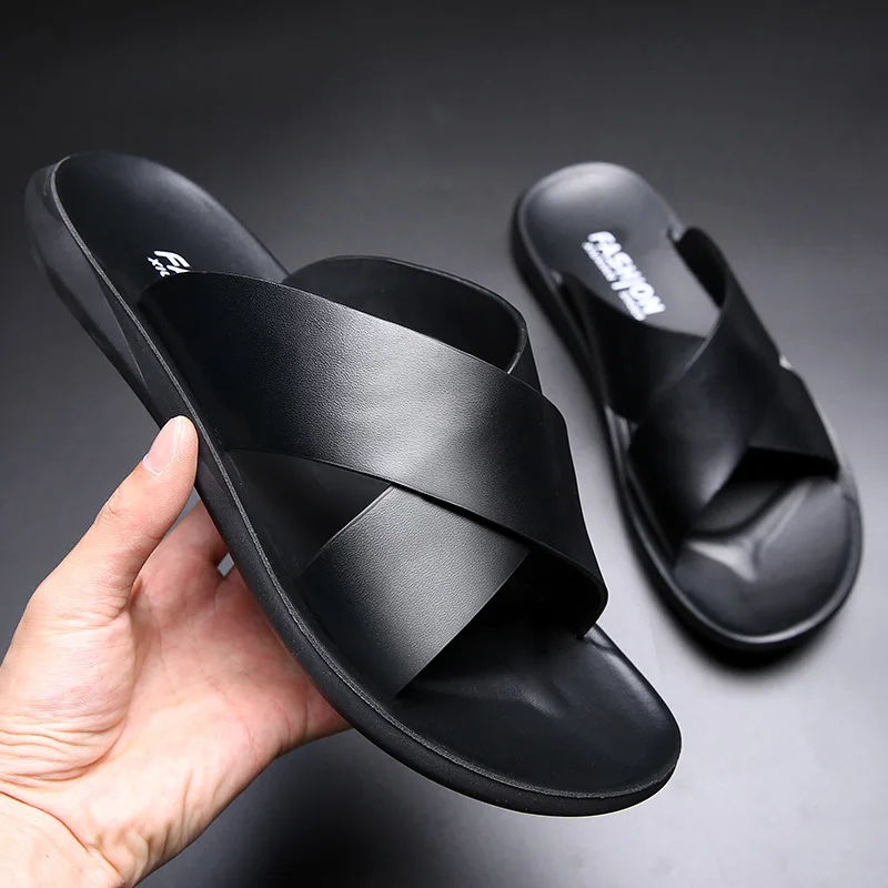 

2023Slippers Men Leather Luxury Brand New Fashion Summer Men Shoes Vintage Flats Casual Non-slip Beach Sandals Men