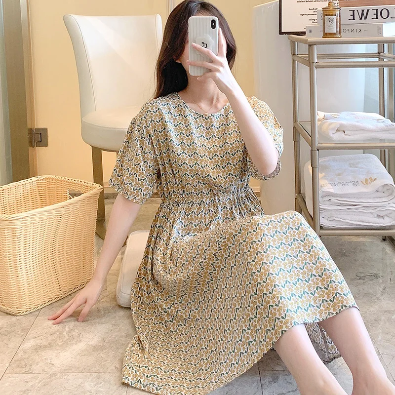 2023Summer Short Sleeved Pajamas Women's Thin Cotton Silk Pajamas Home Wear Waist drawstring Fresh Oversized Cotton Silk Dresse
