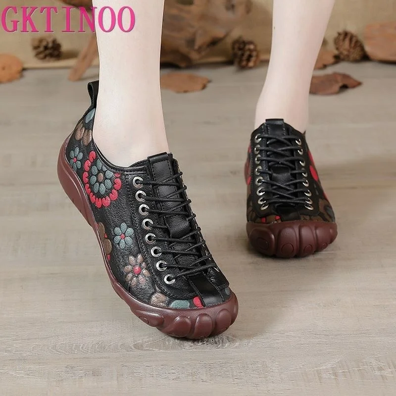 

Genuine Leather Flats Women Shoes Print Lace-up Round Toe 2023 New Spring Concise Leisure Retro Handmade Ladies Shoes