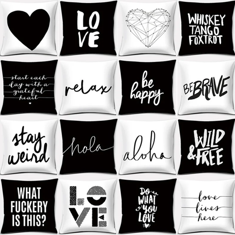 Black White English Letter Pattern Square Cushion Cover Home Office Pillow Cushion Cover   40x40  45X45  50X50  60X60