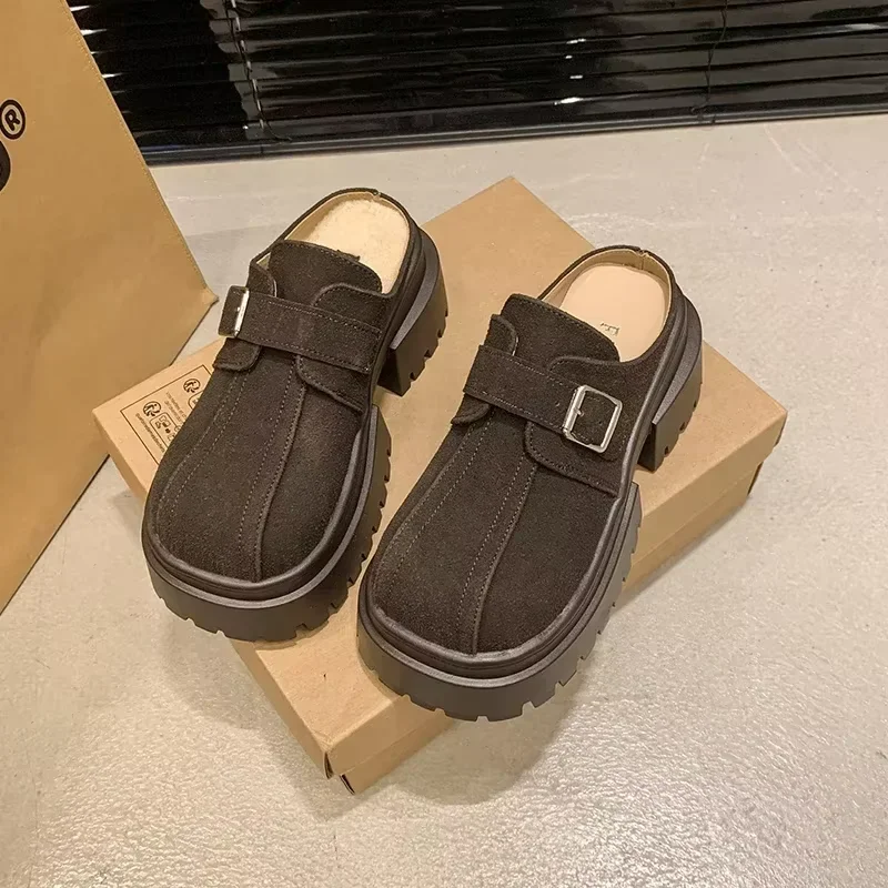 Зимние современные тапочки из коровьей замши на высоком каблуке женская обувь