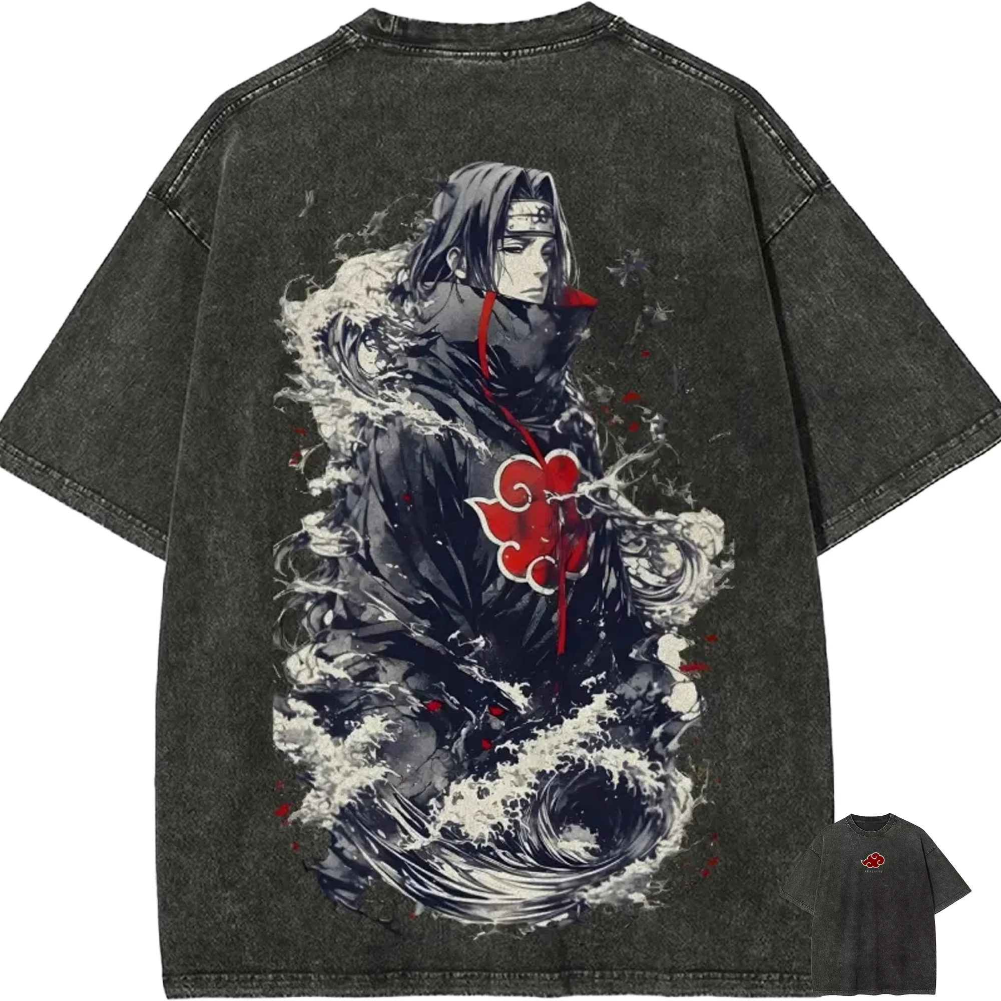 Фото Футболка Naruto Itachi Uchiha Akatsuki Great Wave, винтажная, с эффектом кислотной стирки, уличная одежда, ретро-аниме, графический принт, мужская одежда №1