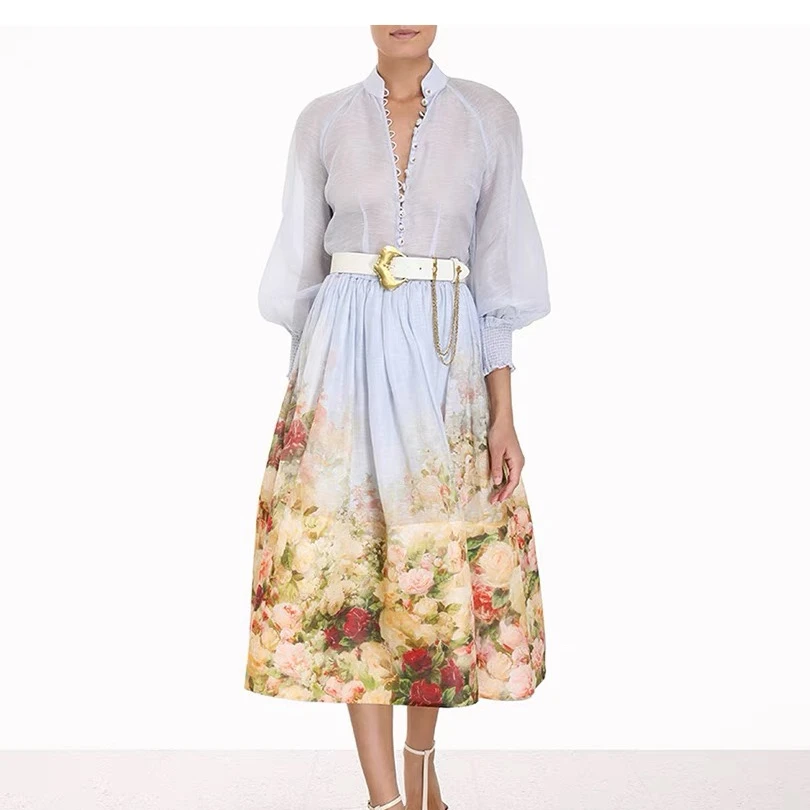 

Linen Silk New 2023 High Quality Summer Casual Vintage Folds Floral Printing Long Sleeve Beige Blouse and Mini Skirt Woman Set