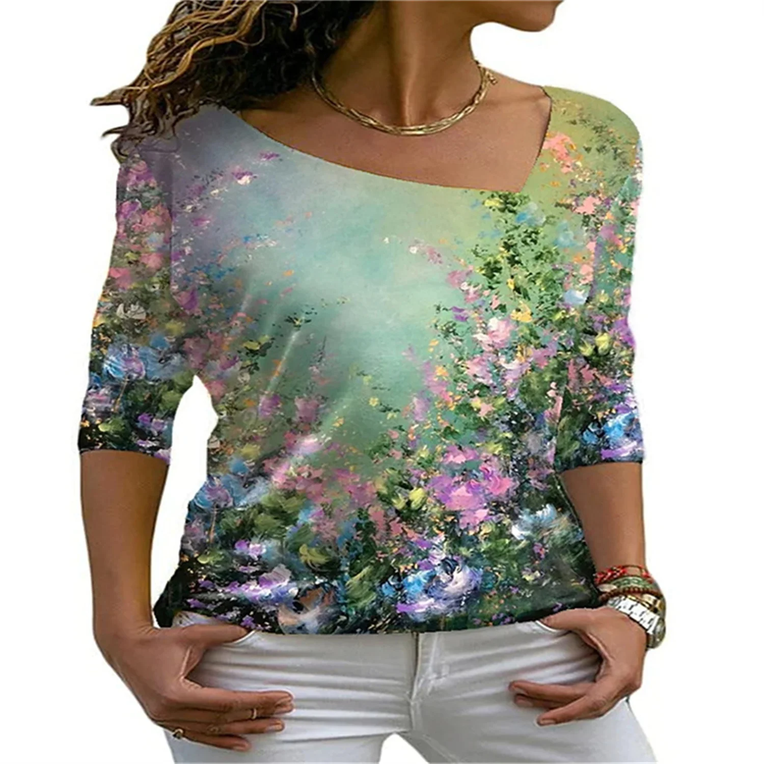 

Sublimation Digital Printing Flower Pattern Women's Bottoming T-shirt Temperament Fashion Lady Clothes Top Long-Sleeved