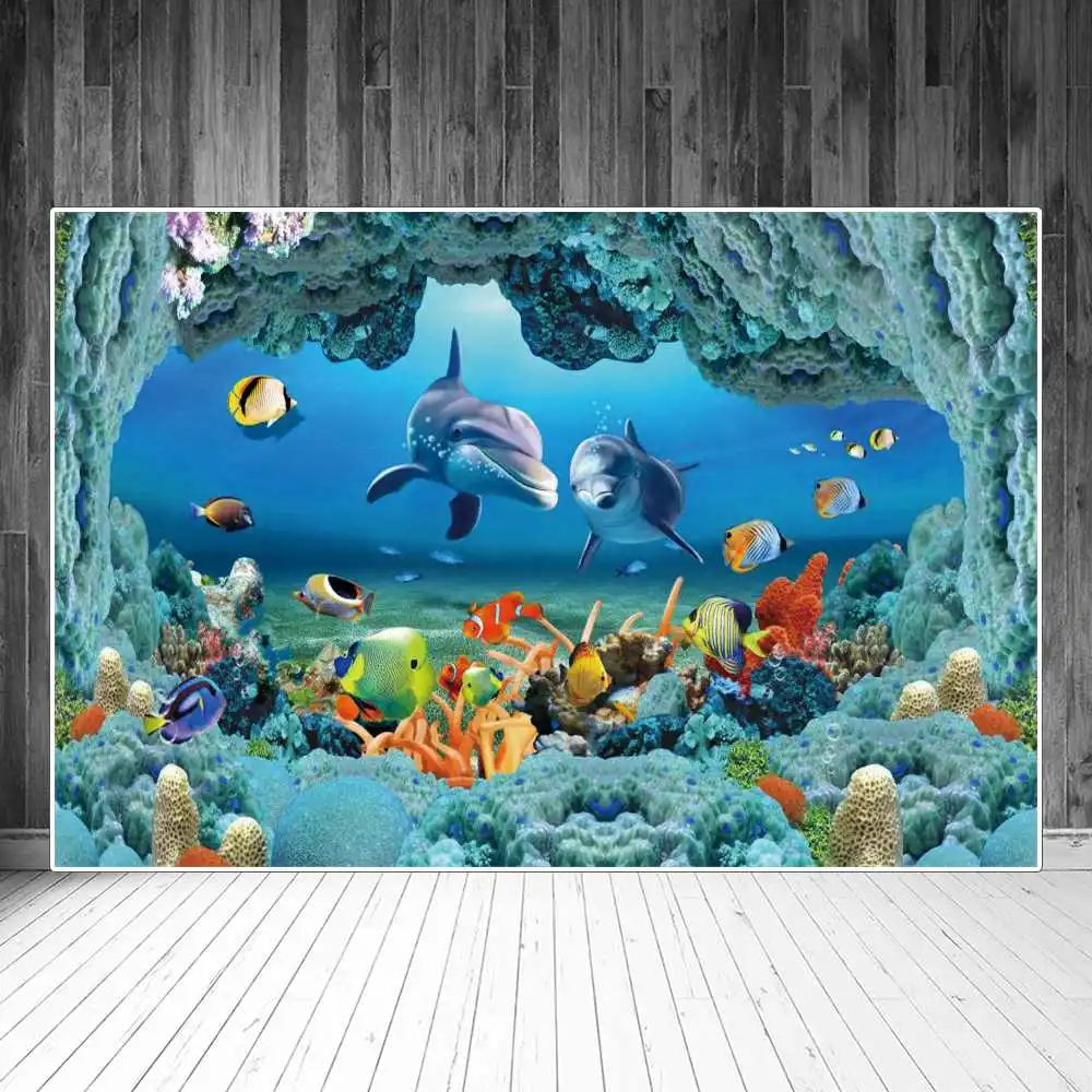 

Undersea Dolphin Cave Photography Backgrounds Tropical Jungle Ocean Seabed Fish Rock Hole Scenery Photographic Backdrop Portrait